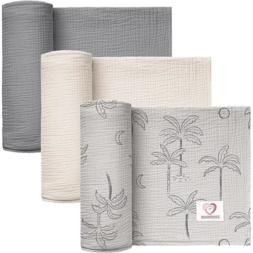 Muslin Swaddle Blankets 100% Cotton Large Baby Swaddle Blankets 47x47in, Super Soft Breathable Receiving Blankets for Unisex Baby Boys Girls (Grey Coconut Tree)