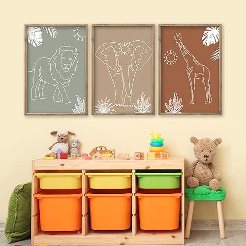 Safari Lion Elephant Giraffe Wall Art Decor 16x11 Inch Set Of 3 Animal Nursery Room Sign for Boy Girl Kids' Baby Bedroom Wood Framed Neutal Home Jungle Artwork Wall Hanging (Wood)