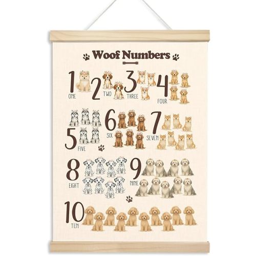 Xmsaitar Classroom Dog Numbers 1-10 Poster Hanger Frame Wall Decor, Nursery Cute Prints for Wall Hanging Decor Art, Rustic floral Puppy Pictures Banner for Girly Toddler Room Dorm Playroom 12x16in