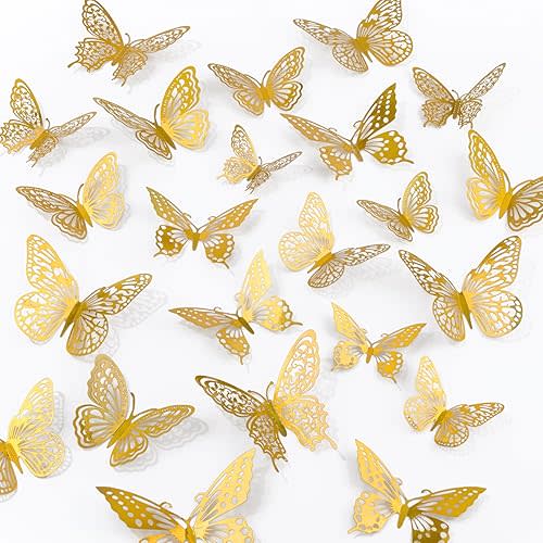 Butterfly Wall Decor, 48pcs 3D Butterfly Stickers in 3 Sizes & 4 Styles for Balloon Arch & Cake Decorations, Cute Decals for Girls Room & Birthday Party, Gold