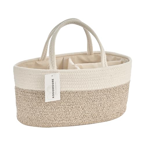 Kodomoore Large Diaper Caddy Organizer, Baby Storage Basket, Nursery Bin and Car Organizer for Diapers, Gift Basket for Baby Shower List or Newborn Essentials, Boys and Girls - White and Beige Brown