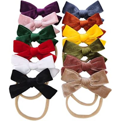 Velvet Hair Bows and Headbands Baby Girl Soft Stretchy Nylon Hairbands Elastic Hair Bands for Newborn Infant Toddlers Bow Headband (3.5'' Classic 12 PCS)