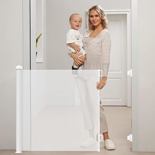 Retractable Baby Gate Dog Gate - BTXON 55" Auto Lock Mesh Child Safety Gates for Stairs, Doorways, Hallways, Indoor, Outdoor(White)