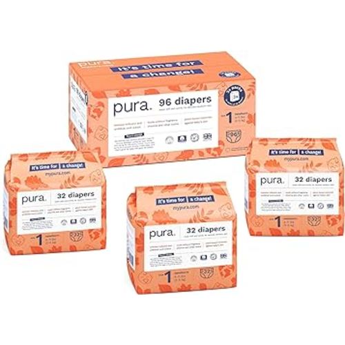 Pura Size 1 Eco-Friendly Diapers (4-11lbs) Totally Chlorine Free (TCF), Hypoallergenic, Soft Organic Cotton Comfort, Sustainable, Wetness Indicator, Allergy UK, 3 Packs of 32 (96 Baby Diapers)