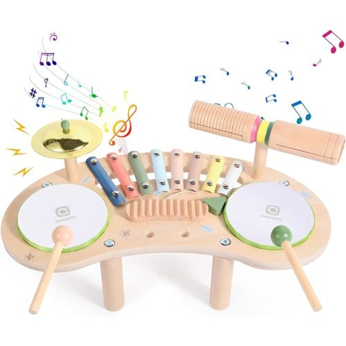 Asweets 7 in 1 Kids Drum Set for Toddlers Wooden Xylophone Musical Instruments Kit Play Set for Toddler Baby Drum Set Montessori Toys Sensory Toys Birthday Gifts for Girls Boys