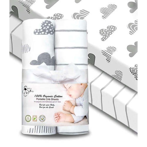 100% Organic Cotton Fitted Sheets for Pack ‘n Play and Other Portable Mini Cribs. 2 pack