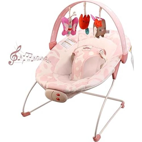 Baby Bouncer – Baby Bouncer seat, Infants Bouncy Seat with Music & Sensory Toys, Machine Washable Seat Pad Indoor Infant Seat, Ideal for Newborns 0-6 Months, 20lbs (Pink Floral)