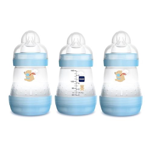 MAM Easy Start Anti Colic Baby Bottle, Easy Switch Between Breast and Bottle, Reduces Air Bubbles, 3 Pack, Newborn, Boy - Powder Blue - 3 Count (Pack of 1) - Bottles
