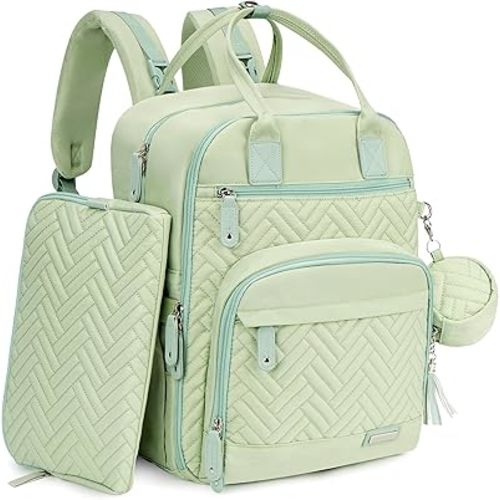 iniuniu Diaper Bag Backpack, 4 in 1 kit Large Unisex Baby Bags for Boys Girls, Waterproof Travel Back Pack with Diaper Pouch, Washable Changing Pad, Pacifier Case and Stroller Straps, Light Green