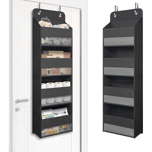 Over Door Hanging Organizer with 4 Large Capacity Pockets, Ideal Storage for Closet, Bathroom, Nursery, Bedroom, Dorm, Toys, Cosmetics, and Baby Essentials, Black