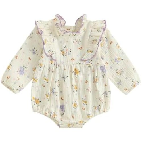 Baby Girl Long Sleeve Romper Fall Outfit 3-18 Months Floral Print Ruffle Neckline Flutter Shoulder Bubble Rompers
