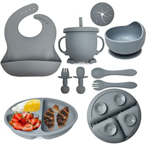 mutualproducts - Baby Feeding Set 10-Piece | Baby Led Weaning Utensils Set Includes Suction Bowl and Plate, Baby Spoon and Fork, Sippy Cup with Straw and Lid | Baby Feeding Supplies Set (B-Blue)
