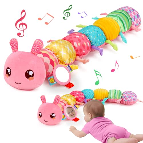 Baby Girls Toys 0-6 Month Music Animal Stuffed Caterpillar Toy for Infant 0-3 3-6 Months with Mirror Crinkle Rattle Tummy Time Sensory Toys for 3 4 5 6-12 Month Old Newborn Baby Easter Birthday Gifts