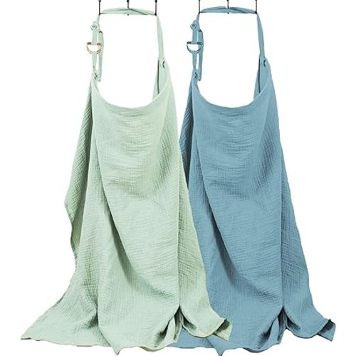 Nursing Cover, Muslin Nursing Cover up for Breastfeeding, Soft & Breathable 100% Cotton with Adjustable Neck Strap, Multi-Use Nursing Apron & Baby Essentials, 2 Pack (Grass Green and Blue)