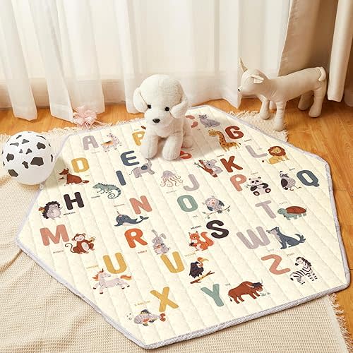 Funtery Woodland Animals Hexagon Playpen Mat Baby Play Mat Foldable Soft Nursery Rug Portable Baby Playmat Washable Comfortable Hexagon Playpen Mattress for Floor Activity Room Indoor Outdoor (Letter)