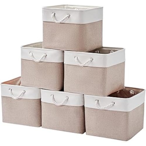 13×15×13 Inch Storage Cubes,6 Pack Cube Storage Bins for Shelves,Fabric Collapsible Storage Bins with Handles, Foldable Storage Basket for Organizing Clothes,Books (White&Beige,13"x15"x13")