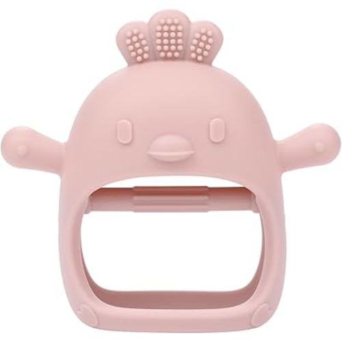 AIXMEET Baby Teething Toys, Soft Silicone Baby Teether Toys for 0-6 Months, Anti-Drop Hand Wrist Wearable Teether, Chew Toys for Sucking Needs, Baby Mitten Teether for Soothing Sore Gum,Pink