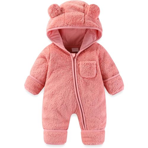 Newborn Baby Bear Outfit With Fold-Over Mittens and Footies Girls Boys Winter Fleece Clothes Hooded Romper Snowsuit