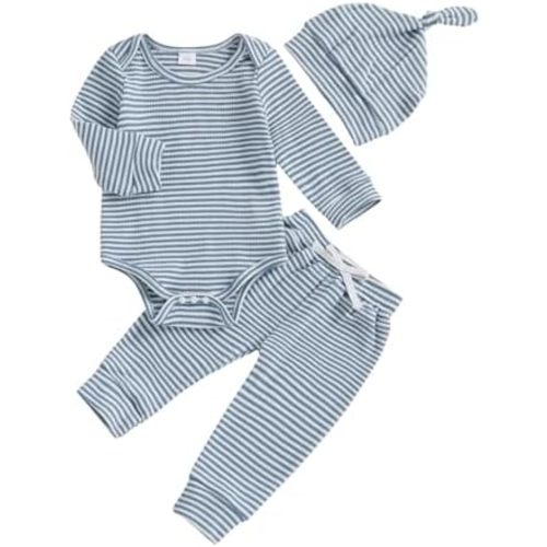fhutpw Baby Boy Clothes 3 6 9 12 Months Striped Long Sleeve Romper Tops + Pants + Hat 3Pcs Infant Fall Winter Bodysuit Outfit