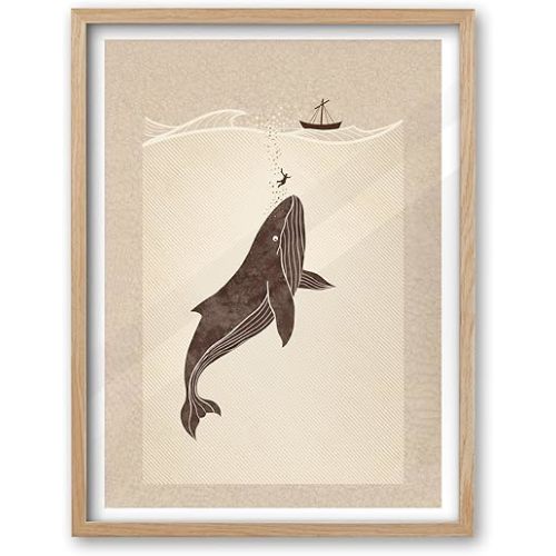 Jonah and the Whale Beige Natural OAK Wood Framed Wall Art, Large 16x20in Christian Canvas Print, Minimalist Christian Wall Decor Gift for Bedroom, Living Room or Bathroom 1 Pack