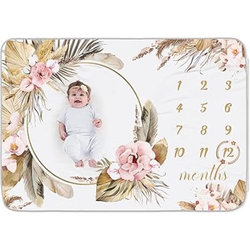 Chumia Baby Monthly Milestone Blanket for Girl Boy 59"x39" Floral Boho Photo Prop Blanket Baby Age Milestone with Felt Wreath Frame