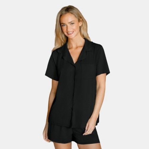 Women's Ribbed Button Front Top & Shorts Pajama Set - Cupshe, Color: Black, Size: xl