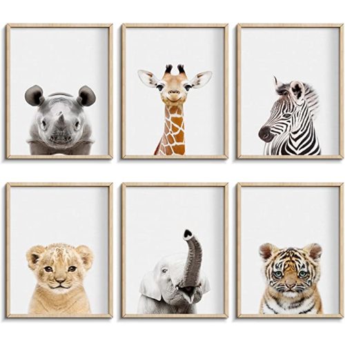 Nursery Baby Room Wall Art Decor, Jungle Nursery Baby Animal of Rhino Giraffe Zebra Decorations, Nursery Safari Cute Animal Decor for Baby Bedroom (8"x10", UNFRAMED) - H - 8x10 inch
