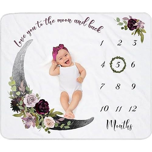Moon Baby Monthly Milestone Blanket for Girl, Gift for Baby Shower, Baby Photo Blanket for Newborn Picture, Wreath &Headband Included, Soft Flannel Blanket 45''x40''