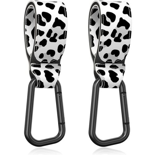 Baby Stroller Hooks for Hanging Bags, Universal Stroller Clips Accessories, Mommy Hook for Diaper Bag, Shopping Cart, Purse, Backpack - 2 Pack, Cow Spots