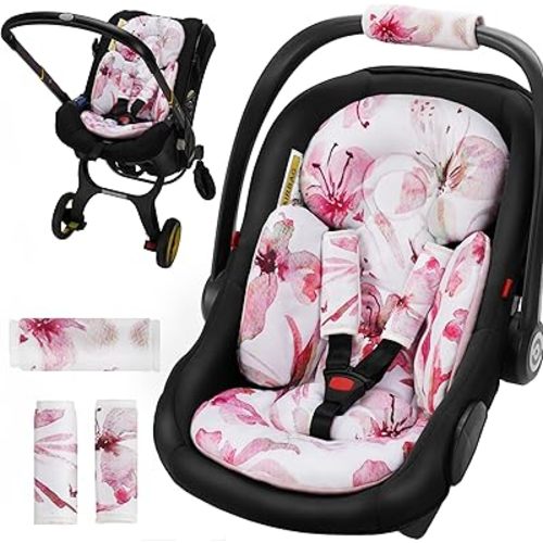 Car Seat Head Support for Infant and Newborn, Reversible Carseat Insert Universal Compatible with Baby Stroller, Mamaroo Swing, Rocker, Bassinet. Baby Car Seat Cushion - Pink Floral