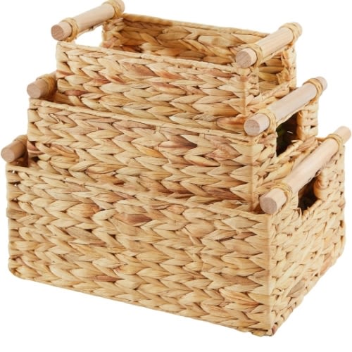 Vagusicc Wicker Storage Basket, Hand-Woven Water Hyacinth Woven Storage Basket with Wooden Handles, Large Wicker Baskets for Shelves Organizing, 3-Pack