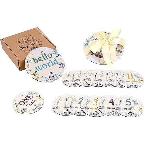 Sursurprise Dragon Milestone Cards, Baby Monthly Milestone Markers, Wooden Cards - 13PCS Dragon Double Sided Hello World Newborn 1-12 Months Circles Discs Signs Props