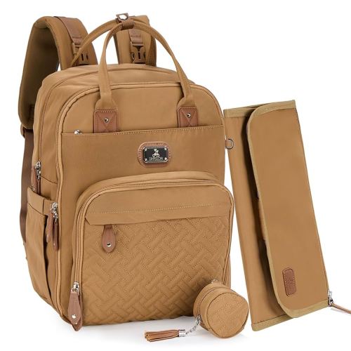 Dikaslon Diaper Bag Backpack with Portable Changing Pad, Pacifier Case and Stroller Straps, Large Unisex Baby Bags for Boys Girls, Multipurpose Travel Back Pack for Moms Dads, Tan