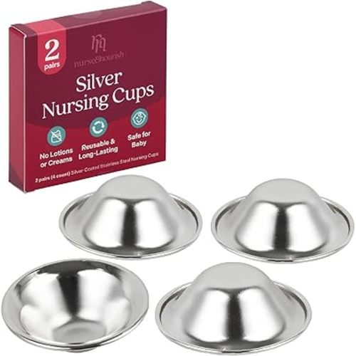 Nurse & Nourish [4 Cups] Silver Nursing Cups to Soothe Sore or Cracked Nipples - Comfy Shields for Nursing Newborn - Reusable Silver Nipple Protector for Breastfeeding - Nipple Covers Breastfeeding