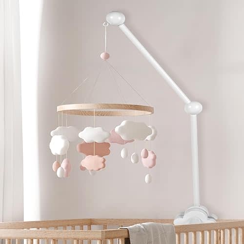 Baby Crib Mobile Arm, Wooden Crib Mobile Holder, Adjustable Angle Height Cot Mobile Arm Non-Skid Crib Mobile Bed Bell Holder Nursery Mobile Hanger for Crib Nursery Decor (White, 27inch)