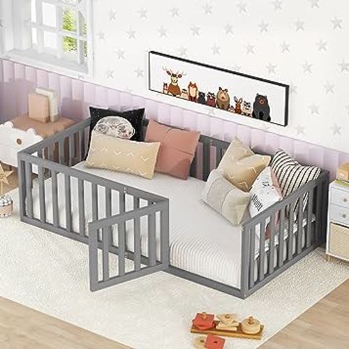 Harper & Bright Designs Twin Size Floor Bed with Safety Rails and Door, Wood Twin Floor Bed Frame for Girls/Boys, Montessori Floor Bed Twin for Kids,Grey