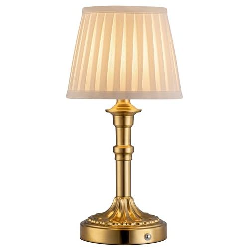 KDG Cordless Portables Table Lamp, LED Fabric Shade Small Desk Lamps, 4000mAh Battery Powered Lighting, 2700K Stepless Dimmable Light for Living Room, Dining Room, Bedroom, Bedside (Gold)