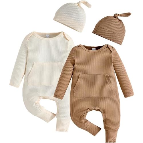 Bafeicao Newborn Baby Boy Girl Romper Ribbed Long Sleeve Jumpsuit with Hat Infant Coming Home Outfit Clothes Set - 3-6 Months - Beige+khaki