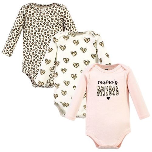 Hudson Baby Infant Girl Cotton Long-Sleeve Bodysuits, Leopard Hearts 3 Pack, 0-3 Months