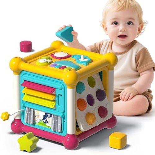 Baby Activity Cube, 6-in-1 Montessori Toys for 1-2 Year Old Boys and Girls, Multi Sensory Shape Blocks, Travel Sensory Toys for Toddlers 1-3