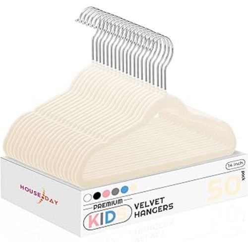 HOUSE DAY Kids Velvet Hangers 50 Pack, Durable Big Kids Hangers 14 Inch Hangers for Youth, Non Slip Kids Felt Hangers, Cute Childrens Hangers for Closet, Kids Beige Hangers