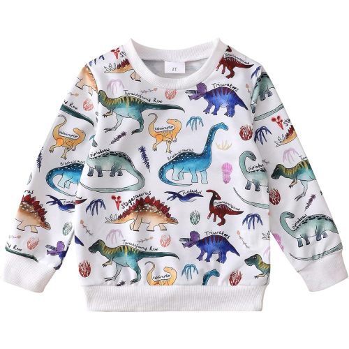 Popshion Toddler Boy Crewneck Sweatshirt Dinosaur Shirts Long Sleeve Cartoon Pullover Sweater for Kids