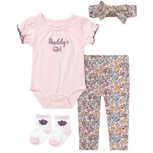 Baby Girls' Short-Sleeve Bodysuit, Socks, Headband and Leggings, 4-Piece Set