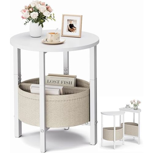 VAGUSICC Side Table, Small Round End Table with Fabric Basket, Set of 2 Half Round Side Table Half Moon Tables, Round Accent Coffee Table, Tea Sofa Table Nightstand for Living Room Bedroom Small Space