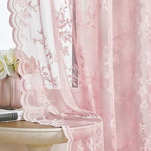 Light Pink Lace Curtains 84 Inches Long 2 Panels Romantic Flower Sheer Curtains for Living Room Bedroom Cute Decor Rod Pocket Light Filtering Lace Window Curtains for Kids Girls Nursery Room, 52x84