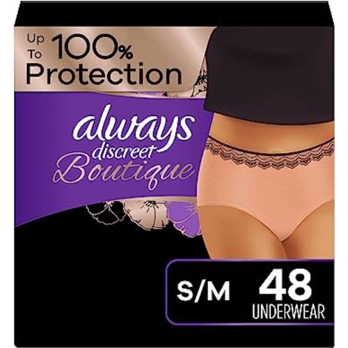 Always Discreet Boutique Incontinence and Postpartum Underwear for Women, Maximum Protection, S/M, Rosy, 48 Count