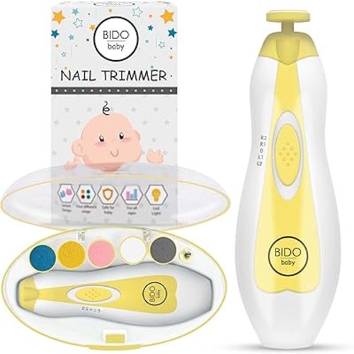 BİDO Baby Nail Trimmer File Electric-Safe Baby Nail Clippers,Manicure Kit for Newborn Toddler and Kids,6 Grinding Heads and LED Light, Pink or Blue (Yellow)