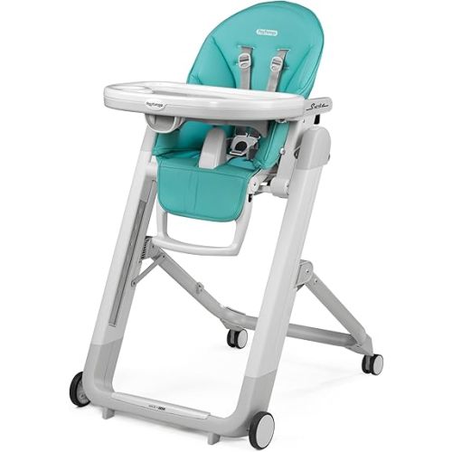 Peg Perego Siesta, Grow with Baby Folding High Chair & Recliner, Height Adjustable, Quick Clean & Easy Push Wheels for Babies & Toddlers, Made in Italy, Tahiti (Ocean Turquiose)