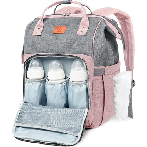 KeaBabies Baby Diaper Bag Backpack - Large Baby Bag for Boys, Girls, Waterproof Multi Function Travel Diaper Backpack with Changing Pad, Durable Travel Essentials for Moms and Dads (Pink Gray)