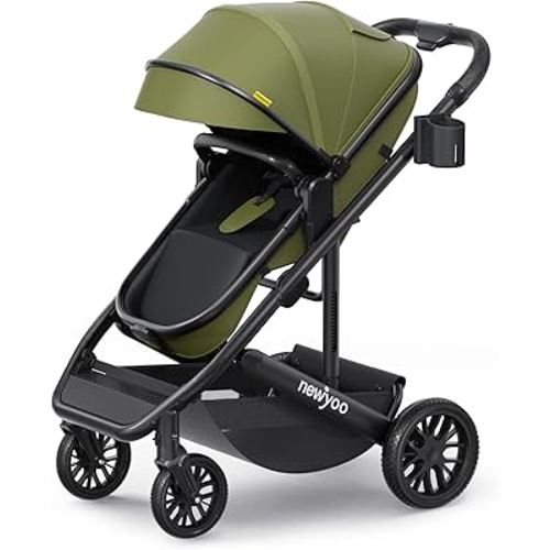 newyoo Bassinet Stroller for Newborn, Nestro 516M, Baby/Infant Strollers w Convertible/Reversible Seat & Cup Holder, Coches para Bebes, 2-in-1 Rear-Facing Pram, One-Hand Quick Fold, Green